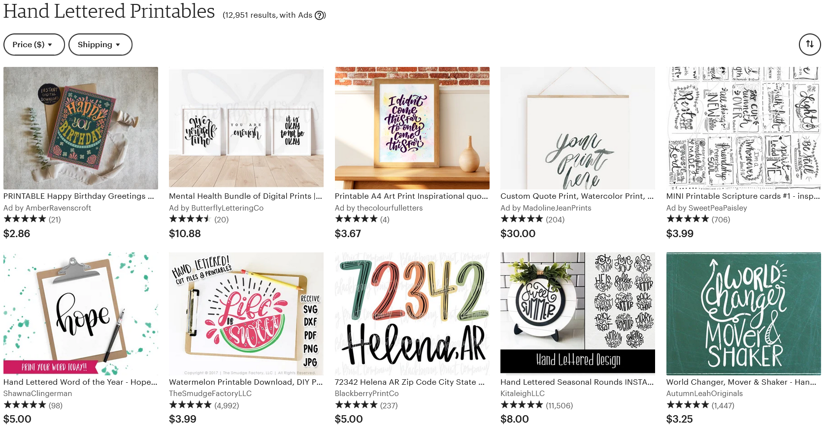 etsy hand lettered printables